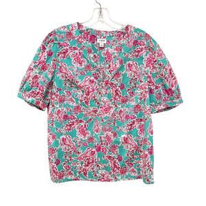 J Crew Factory Women’s SZ M Cotton Poplin Popover Top Puff Sleeve Green & Pink